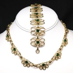 Vintage Green Rhinestone Necklace Bracelet Set Gold Tone Mid Century